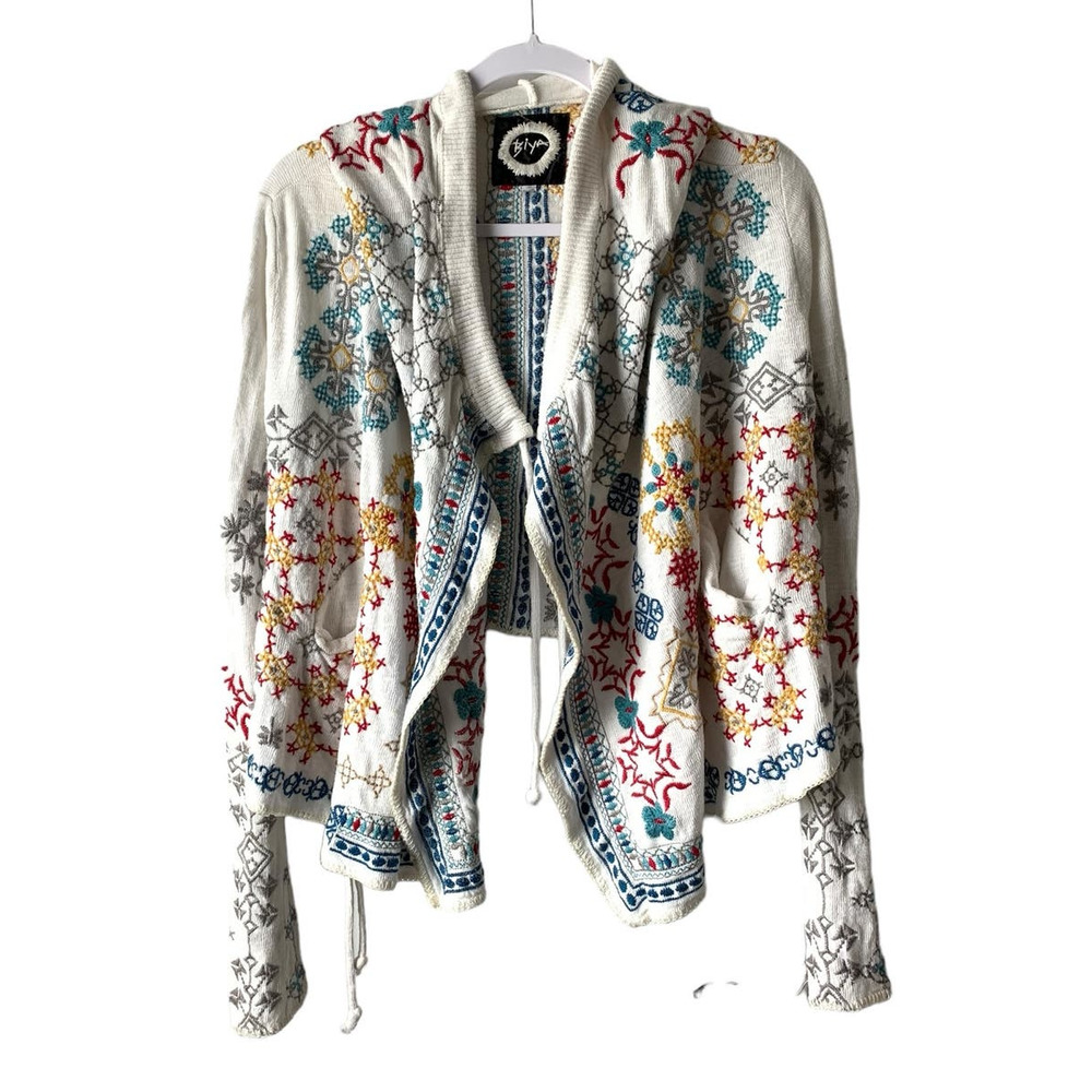 Johnny Was Biya Embroidered Hooded Cardigan Sweater, size S